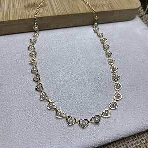 Colar Choker Corações com Pérolas Semijoia Ouro