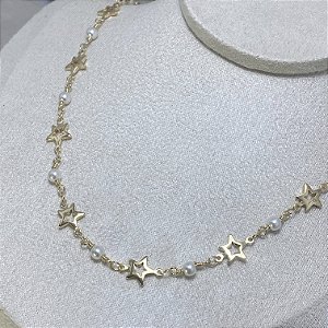 Colar Choker Pérola Estrela Semijoia Ouro