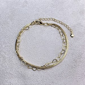 Pulseira Dupla Fita e Corações Semijoia Ouro