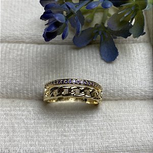 Anel Aparador com Corrente Ametista Semijoia Ouro