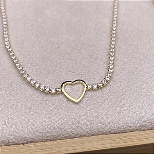 Colar Choker Riviera Coração Vazado Semijoia Ouro