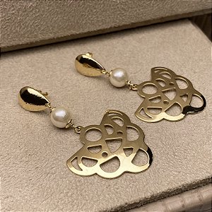 Brinco Leque Pérola Semijoia Ouro