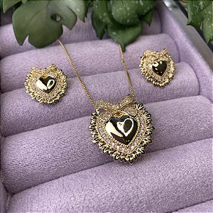 Conjunto Coração e Laço Semijoia Ouro