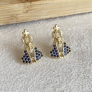 Brinco Nossa Senhora Manto Azul Semijoia Ouro