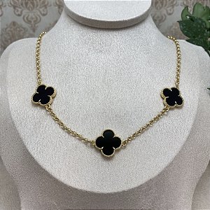 Colar 3 Trevos Black Elinhos Semijoia Ouro
