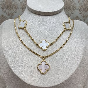 Colar 1 Trevo Rosa Semijoia Ouro