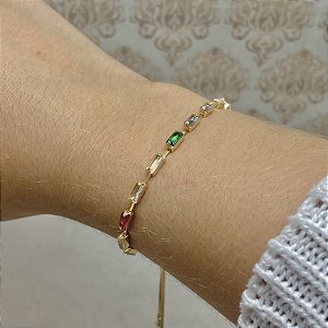 Pulseira Ajustável Navete Colorida Semijoia Ouro