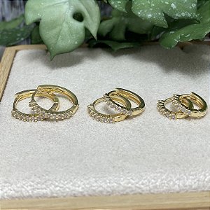 Trio de Brincos de Argolinhas 1 Fileira Zircônia Cristal Semijoia Ouro