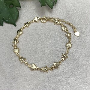 Pulseira Coração Estrela Enfileirados Semijoia Ouro