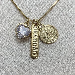 Colar Coração, São Bento, Gratidão Semijoia Ouro