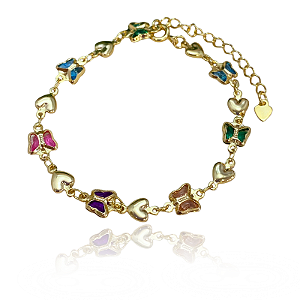 Pulseira Borboleta Coração Semijoia Ouro
