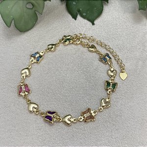 Pulseira Borboleta Coração Semijoia Ouro
