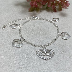 Pulseira 5 Corações Vazados Semijoia Prata