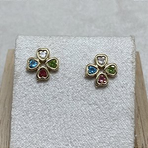 Brinco 4 Corações Coloridos Semijoia Ouro