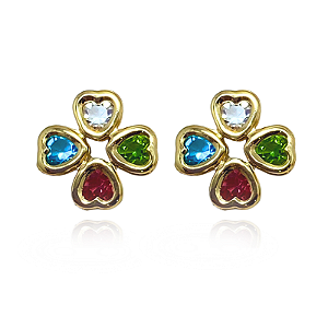 Brinco 4 Corações Coloridos Semijoia Ouro