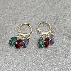 Brinco Argolinha 3 Gotas Coloridas Semijoia Ouro