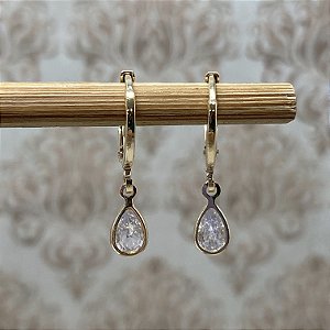 Brinco Argolinha Gota Zircônia Semijoia Ouro