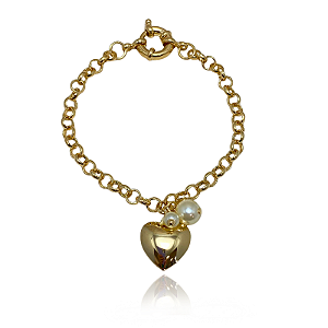 Pulseira Coração 2 Pérolas Semijoia Ouro