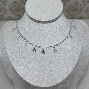 Colar Choker Corações e Árvore da Vida Semijoia Prata