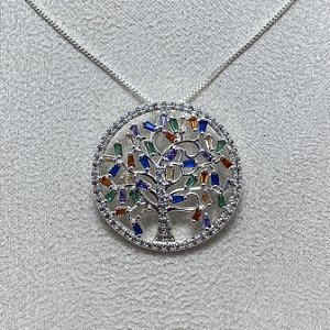 Colar Árvore da Vida Colorida Semijoia Prata