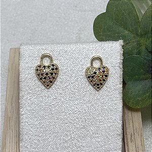 Brinco Coração Cadeado Colorido Semijoia Ouro