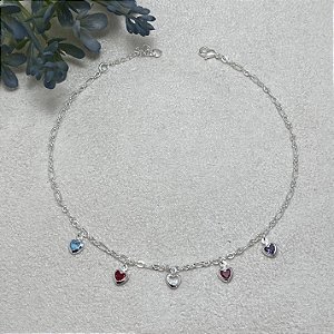 Tornozeleira Corações Coloridos Semijoia Prata