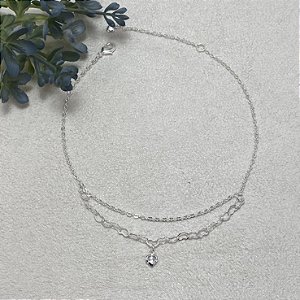 Tornozeleira Dupla Coração Semijoia Prata