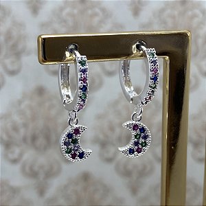 Brinco Argolinha Lua Colorida Semijoia Prata