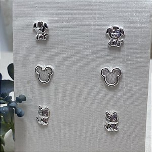 Trio de Brincos Infantis Ternurinha Semijoia Prata