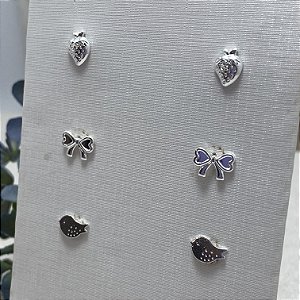 Trio de Brincos Infantis Fofurinha Semijoia Prata