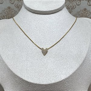 Colar Coração Comprido Cravejado Semijoia Ouro
