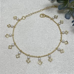 Pulseira Pérola Trevinho Semijoia Ouro