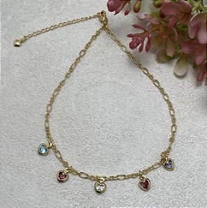 Tornozeleira Corações Coloridos Semijoia Ouro