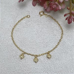 Pulseira Infantil 3 Corações Semijoia Ouro