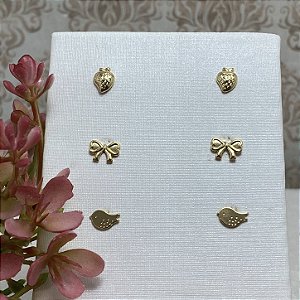 Trio de Brincos Infantis Fofurinha Semijoia Ouro