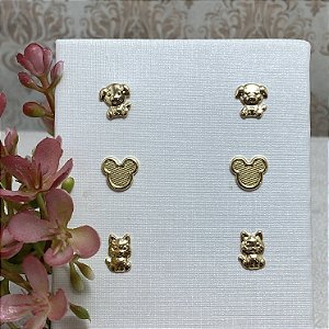 Trio de Brincos Infantis Ternurinha Semijoia Ouro