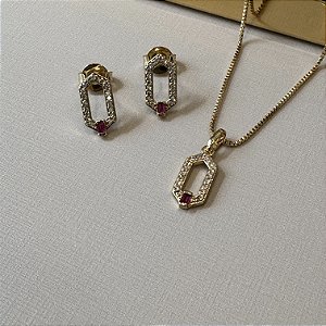 Conjunto Hexágono Rubi Semijoia Ouro