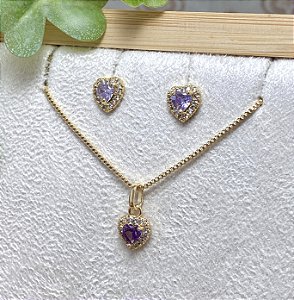 Conjunto Coração P Ametista Semijoia Ouro