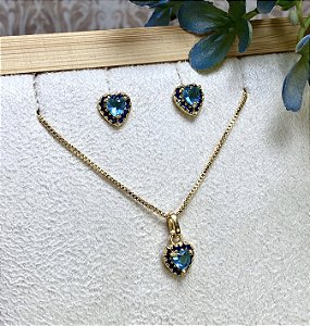 Conjunto Coração P Azul Semijoia Ouro