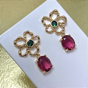 Brinco Clássico Rubi Semijoia Ouro