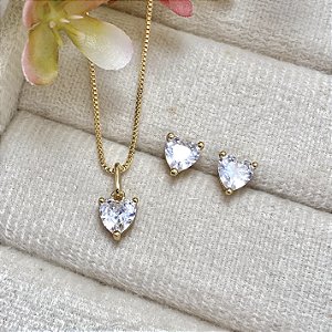 Conjunto Coração Ponto de Luz Semijoia Ouro