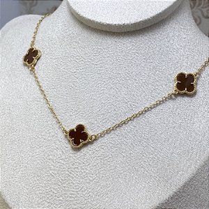 Colar 3 Trevos Marrons Semijoia Ouro
