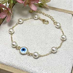 Pulseira Pérolas com Olho Grego Semijoia Ouro