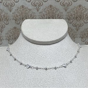 Colar Bolinhas e Corações Cristal Semijoia Prata