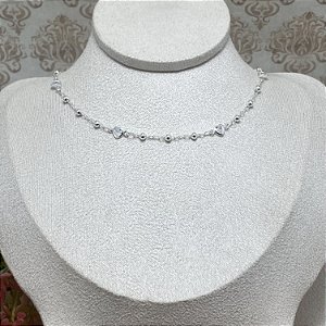 Colar Bolinhas e Corações Cristal Semijoia Prata
