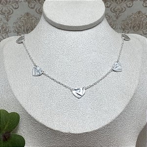 Colar Choker 5 Corações Orgânicos Semijoia Prata