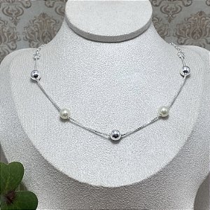 Colar Bolas e Pérolas Semijoia Prata