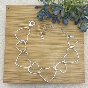 Pulseira Elos Corações Semijoia Prata