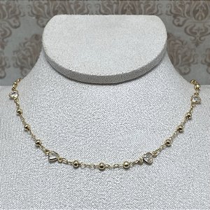 Colar Bolinhas e Corações Cristal Semijoia Ouro