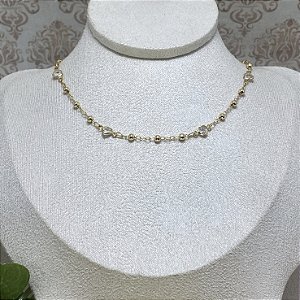 Colar Bolinhas e Corações Cristal Semijoia Ouro